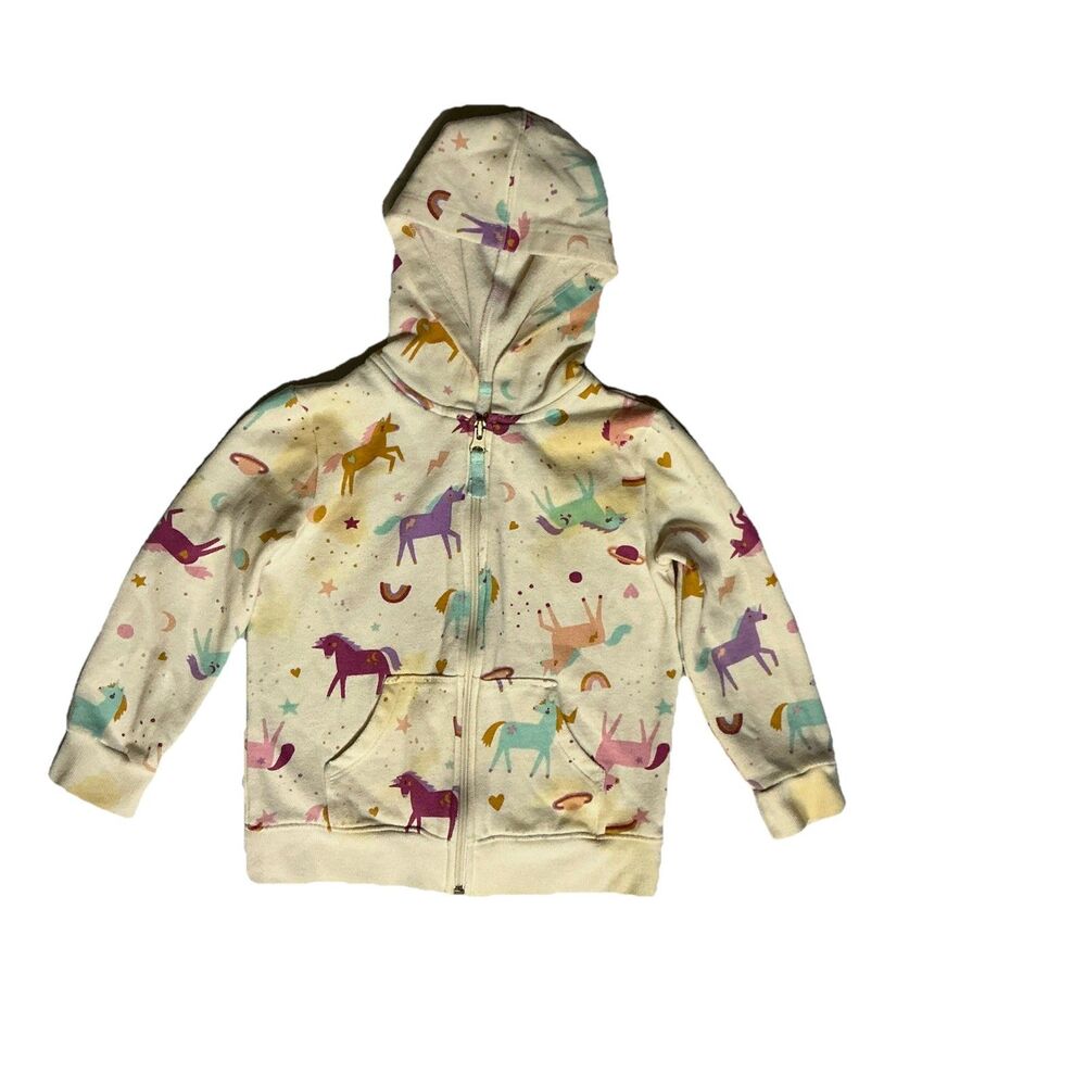 Cat And Jack Girls Zip-up Hoodie Size XS 4/5 Unicorn Print Pockets Cotton Blend